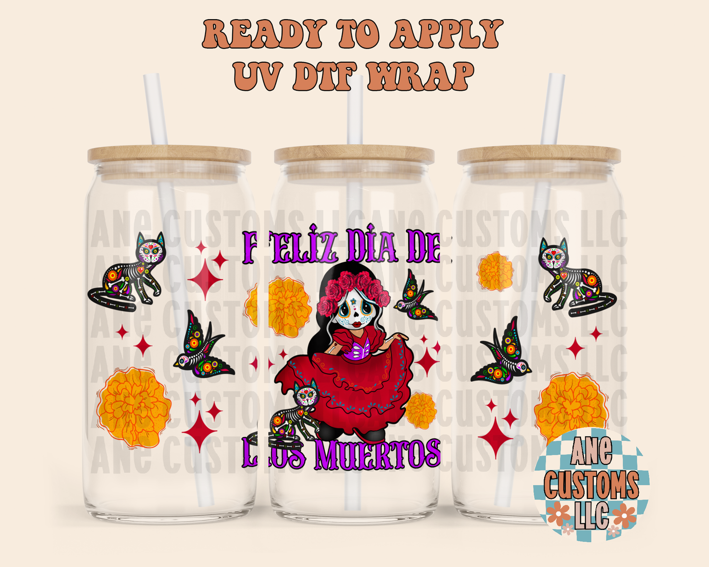 Feliz día de los muertos (purple letters) UVDTF WRAP