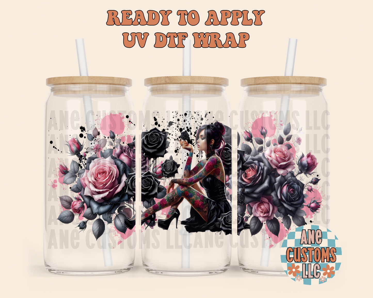 Pink and black flowers UVDTF WRAP