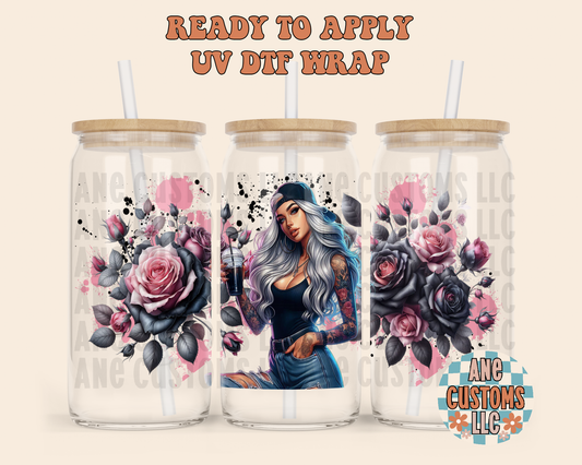 Pink and black flowers & coffee UVDTF WRAP