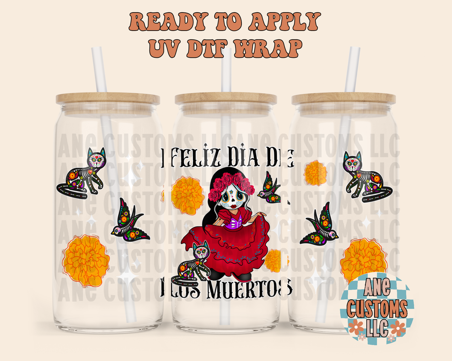 Feliz día de los muertos (black letters) UVDTF WRAP